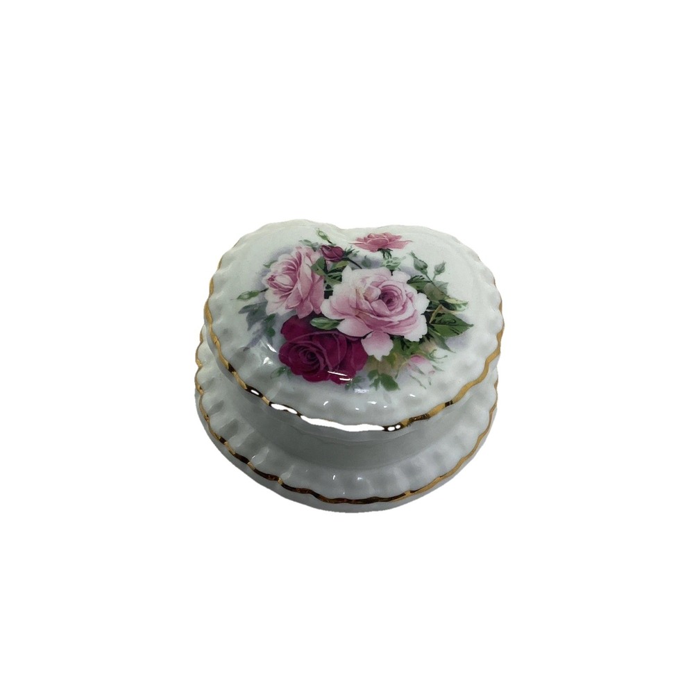 Vtg Crown England Fine Bone China Heart Trinket Dish Applied Florals Gold Rim 4"